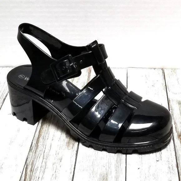 New Black Jelly Huarache Caged Chunky Heel Sandals - Picture 2 of 3